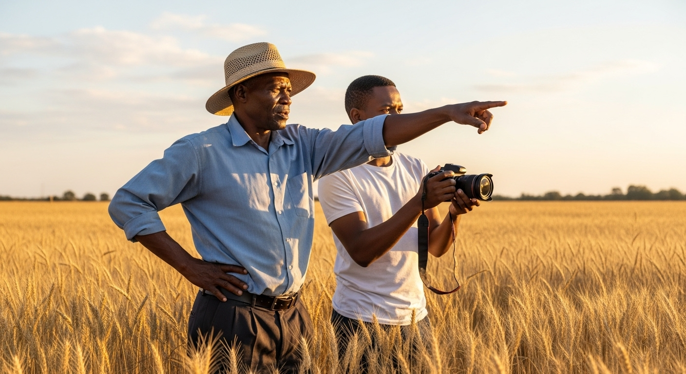 Two men in a golden wheat field at sunset